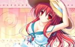  breasts cleavage hat highres karen_lux_victoria long_hair mikagami_mamizu red_eyes red_hair redhead smile solo straw_hat wallpaper 