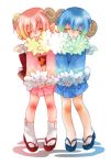   blue_hair blush hitsujimimi horns kimono pink_hair sheepgirl short_hair tabi twins  