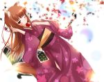  apple bad_id blush brown_hair candy_apple food fruit holo japanese_clothes kimono leaf long_hair mikuri_yoru red_eyes smile spice_and_wolf tail wink wolf_ears yukata 