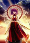  1girl clouds long_skirt neko_works purple_hair red_eyes sayori skirt solo touhou yasaka_kanako 