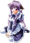  apron blush bow clannad fujibayashi_kyou key kyou long_hair maid nekomimi otoki_raku pantyhose purple_hair uniform violet_eyes 