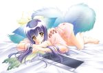  amber_eyes barefoot bed_sheet blue_hair blush bottomless bow carnelian feet fox_ears foxgirl highres japanese_clothes kitsunemimi koma koma_(tail_tale) long_hair louis&amp;visee lying multiple_tails no_panties purple_hair ribbons smile sword tail tail_tale torn_clothes weapon yellow_eyes 