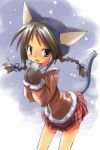  blush bow braid brown_eyes brown_hair catgirl gloves loli nekohat nekomimi plait skirt snow tail twintails 