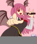  2girls bat_wings corrupted_image demon_wings head_wings koakuma long_hair microphone multiple_girls patchouli_knowledge pointing pointing_at_viewer purple_hair red_eyes redhead touhou violet_eyes wings wink 