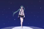 1girl bare_shoulders barefoot blue_hair closed_eyes hands happy harano hatsune_miku holding holding_shoes legs necktie open_mouth shoes skirt smile solo star twintails vocaloid walking 