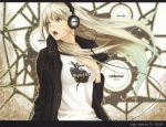  absurdres audio-technica blush copyright_request gradient_hair hand_on_own_chest headphones highres jacket long_hair multicolored_hair music open_mouth orange_eyes product_placement scan silver_hair singing solo tenka_sanbun very_long_hair white_hair 