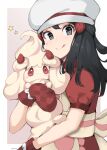  1girl :q alcremie alcremie_(strawberry_sweet) apron artist_name black_hair border bright_pupils chef_hat closed_mouth dawn_(palentine&#039;s_2021)_(pokemon) dress eyelashes grey_eyes hair_ornament hairclip hat highres hikari_(pokemon) holding holding_pokemon light_blush long_hair milka_(milk4ppl) official_alternate_costume outside_border oven_mitts pokemon pokemon_(creature) pokemon_(game) pokemon_masters_ex red_dress red_mittens short_sleeves sidelocks smile star_(symbol) tongue tongue_out white_border 