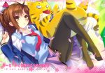  1girl absurdres aoyama_nanami black_legwear brown_hair cat cherry_blossoms highres legs necktie pantyhose ponytail sakura-sou_no_pet_na_kanojo scope stuffed_tiger sweater_vest tagme urabi_(tomatohouse) yellow_eyes 