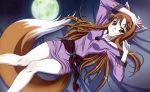  absurdres animal_ears brown_hair detexted highres holo long_hair moon red_eyes shinohara_kenji spice_and_wolf tail 