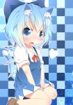  1girl akisha animal_ears blue_eyes blue_hair bow cat_ears cat_tail cirno fang hair_bow heart ice kemonomimi_mode looking_at_viewer open_mouth short_hair solo tail touhou wings 