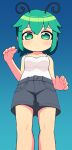  1girl alternate_costume antennae bangs black_shorts blue_background blush breasts camisole closed_mouth commentary feet_out_of_frame gradient gradient_background green_eyes green_hair highres looking_at_viewer looking_down short_hair shorts small_breasts solo touhou ugif white_camisole wriggle_nightbug 