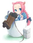  blue_eyes boots bow braid cup dress in_container in_cup long_hair minigirl mouse_ears mousegirl nezumimimi pantyhose pink_hair plait single_braid sugar_cube tail teacup 