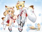  bell blonde_hair blue_eyes blush bow flat_chest fox_ears foxgirl green_eyes japanese_clothes kimono kitsunemimi loli long_hair nakajima_konta short_hair tabi tail thigh_highs 