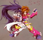  2girls bike_shorts boots cure_bloom cure_egret detached_sleeves dress earrings elbow_gloves futari_wa_precure_splash_star gloves grin hair_ornament hair_ribbon heart highres hyuuga_saki jewelry legwear long_hair looking_at_viewer magical_girl mishou_mai moon multiple_girls n-70 orange_eyes orange_hair precure purple_hair ribbon shirt short_hair shorts shorts_under_skirt simple_background skirt smile very_long_hair violet_eyes 