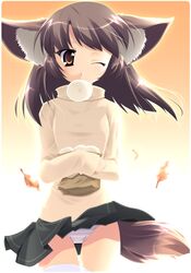  1girl blue_panties brown_eyes brown_hair dog_ears dog_tail female food foxgirl leaf long_hair miniskirt one_eye_closed panties skirt solo striped striped_panties stripes tail thigh_gap thighhighs turtleneck underwear white_legwear wind_lift wink 