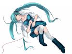  1girl aqua_eyes aqua_hair boots collarbone eto hatsune_miku highres long_hair lying on_back red_string snow solo thighhighs twintails very_long_hair vocaloid white 