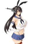  1girl black_hair breasts brown_eyes elbow_gloves gloves hands_on_hips highres huge_breasts kantai_collection long_hair nagato nagato_(kantai_collection) obmas_(pfeito) personification shimakaze_(kantai_collection) shimakaze_(kantai_collection)_(cosplay) simple_background solo striped striped_legwear thighhighs thighs white_background 
