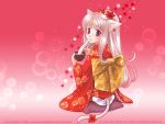  flower food kimono long_hair mochi nekomimi pony_tail silver_hair tabi violet_eyes white_hair 