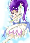  1girl arm_warmers bow brooch cure_egret detached_sleeves dress earrings fingerless_gloves futari_wa_precure_splash_star gloves hair_bow hair_ribbon heart jewelry long_hair magical_girl mishou_mai ponytail precure purple_hair reeloo ribbon solo very_long_hair violet_eyes 