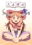  1girl bow chain hair_bow horn_ribbon horns ibuki_suika long_hair mimiru_(mimill) open_mouth orange_eyes orange_hair ribbon sitting solo touhou 