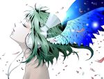  bare_shoulders cable closed_eyes green_eyes green_hair gumi hakuseki head_wings headphones headset looking_up petals profile short_hair simple_background solo topless vocaloid wind wings 