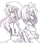  back-to-back bad_id closed_eyes crossed_arms hat hiroto_ayuzu hirotoa hong_meiling izayoi_sakuya long_hair looking_back maid_headdress monochrome multiple_girls pale_color pink_hair profile purple short_sleeves silver_hair simple_background sketch spot_color touhou 
