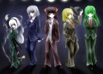  blue_eyes bow braid brown_hair cofi_(eternal) eternal formal frog ghost green_eyes green_hair hair_ornament hairband hakurei_reimu hat izayoi_sakuya katana kirisame_marisa knife kochiya_sanae konpaku_youmu konpaku_youmu_(ghost) long_hair myon necktie pant_suit red_eyes short_hair silver_hair snake suit sword touhou twin_braids weapon yellow_eyes 