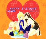  1boy 1girl blonde_hair blue_eyes closed_eyes cloud_strife cloud_tifa final_fantasy final_fantasy_vii happy_birthday heart long_hair present ribbon stuffed_animal tifa_lockhart 