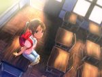  bag brown_eyes brown_hair chair child classroom desk from_above loli looking_up original randoseru sitting sitting_on_desk twintails yui_7 