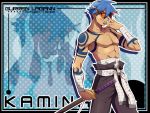  aki bandages belt blue_background blue_hair character_name kamina kamina_shades male manly muscle pandaki_(aki) sarashi shirtless smile solo sword tattoo tengen_toppa_gurren_lagann weapon zoom_layer 