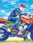  cloud clouds colorful gakuran higashikata_jousuke jojo_no_kimyou_na_bouken male motor_vehicle motorcycle multicolored_hair oekaki pompadour school_uniform sky takaho vehicle 