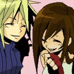  1boy 1girl blonde_hair brown_hair closed_eyes cloud_strife cloud_tifa final_fantasy final_fantasy_vii fingerless_gloves laughing lowres smile tifa_lockhart 