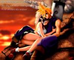  1boy 1girl blonde_hair blue_eyes brown_hair closed_eyes cloud_strife cloud_tifa final_fantasy final_fantasy_vii hug lying_on_person miniskirt pantyshot sitting sunset sword tifa_lockhart weapon 