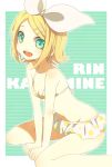  1girl arms_between_legs bikini blonde_hair bow female flat_chest green_eyes kagamine_rin kona kona_(canaria) leaning_forward open_mouth project_diva smile solo swimsuit upper_teeth vocaloid 