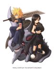  1boy 1girl blonde_hair blue_eyes brown_hair cloud_strife cloud_tifa final_fantasy final_fantasy_vii final_fantasy_vii_advent_children midriff red_eyes ribbon smile sword tifa_lockhart weapon 