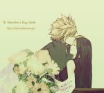  1boy 1girl black_hair blonde_hair cloud_strife cloud_tifa couple final_fantasy final_fantasy_vii final_fantasy_vii_advent_children flower kiss long_hair lowres muted_color niko_(silent.whitesnow) smile tifa_lockhart valentine 