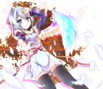  black_legwear blue_eyes blue_hair dress feathers foreshortening gradient_wings heterochromia original outstretched_arm outstretched_hand red_eyes sho_(artist) short_hair solo tears thigh-highs thighhighs zettai_ryouiki 