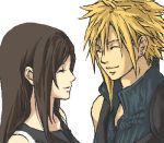  1boy 1girl ^_^ blonde_hair brown_hair closed_eyes cloud_strife cloud_tifa earrings final_fantasy final_fantasy_vii lowres oekaki tifa_lockhart white_background 