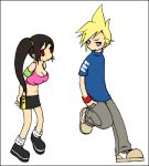  1boy 1girl black_hair blonde_hair blue_eyes border casual cleavage cloud_strife cloud_tifa copyright_name earrings final_fantasy final_fantasy_vii lowres midriff red_eyes side_ponytail tifa_lockhart white_background wristband 