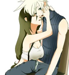  1boy 1girl blonde_hair blue_eyes brown_eyes brown_hair cleavage cloud_strife cloud_tifa crying final_fantasy final_fantasy_vii hug incipient_kiss large_breasts long_hair open_mouth saliva sitting suspenders tears tifa_lockhart unzipped 