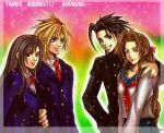  2boys 2girls ^_^ aerith_gainsborough black_hair blonde_hair blue_eyes brown_hair closed_eyes cloud_strife final_fantasy final_fantasy_vii pony_tail red_eyes school_uniform smile teeth tifa_lockhart zack_fair 