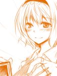  blush book jewelry monochrome orange_(color) portrait puppet_strings ring sketch smile touhou yjy 