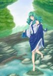  barefoot blue_eyes detached_sleeves frog gomi green_hair hair_ornament kochiya_sanae long_hair long_skirt skirt skirt_lift snake touhou water 