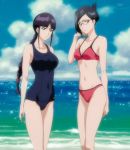  2girls beach bikini black_hair bleach blue_eyes braid breasts glasses green_eyes ise_nanao kurotsuchi_nemu ocean school_swimsuit swimsuit 