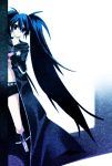  01jou a_master_is_out black_hair black_rock_shooter black_rock_shooter_(character) blue_eyes blush chain chains coat letter long_hair love_letter midriff navel onoe_junki peeking_out shorts twintails very_long_hair 