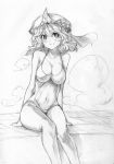  breasts center_opening cleavage graphite_(medium) halterneck hat hitodama large_breasts legs monochrome one-piece_swimsuit saigyouji_yuyuko saiste sitting sketch smile solo swimsuit touhou traditional_media wavy_hair 