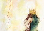  1boy 1girl blonde_hair brown_hair cloud_strife cloud_tifa final_fantasy final_fantasy_vii hug lowres oekaki tifa_lockhart 