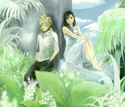  1boy 1girl black_hair blonde_hair closed_eyes cloud_strife cloud_tifa clouds couple earphones final_fantasy final_fantasy_vii flower lowres plant red_eyes sky tifa_lockhart 