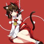  arm_support blush bow brown_hair cat_ears cat_tail detached_sleeves gochou_(comedia80) hair_bow hakurei_reimu japanese_clothes kemonomimi_mode large_bow legs miko open_mouth ribbon short_hair simple_background tail touhou 
