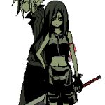  1boy 1girl cloud_strife cloud_tifa final_fantasy final_fantasy_vii final_fantasy_vii_advent_children lowres partially_colored ribbon sword tifa_lockhart weapon white_background 